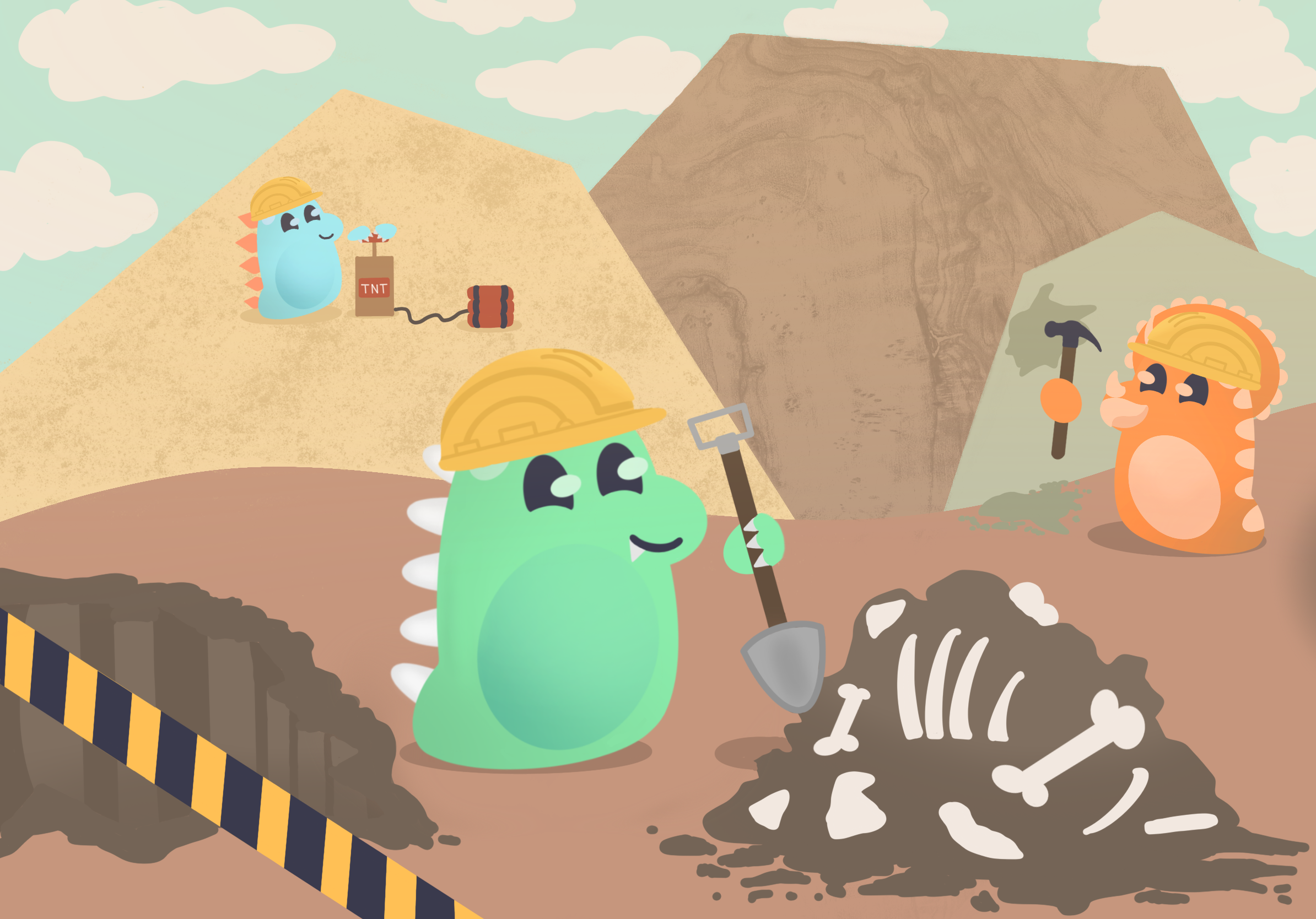 Two DinoPrep dinosaurs in hard hats excavating a fossil, while a third rigs a TNT plunger nearby